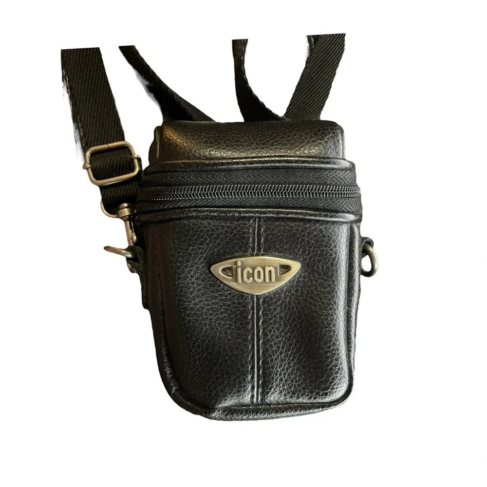 ICON Camera Case Black Faux Leather Shoulder Strap Belt Loop Lens Pocket